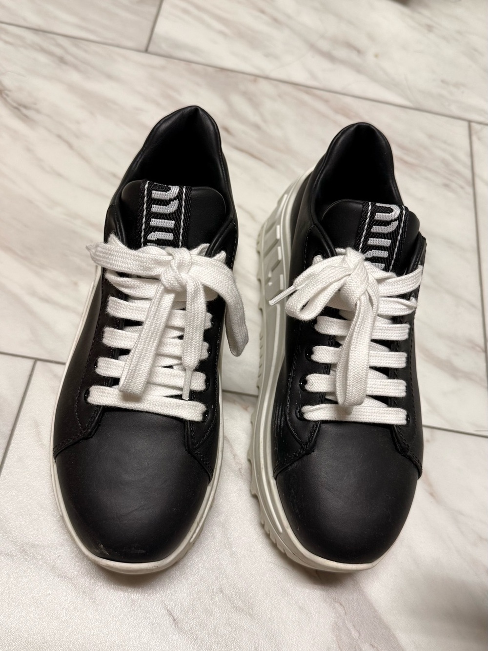 Miu Miu Black Leather Platform Sneakers with White Laces